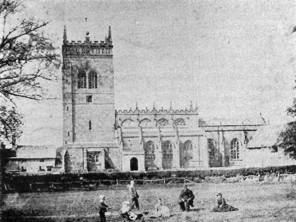 19th century view showing the older clere-storey windows, the Grammar School buildings in the church yard and the old tythe barn on the right